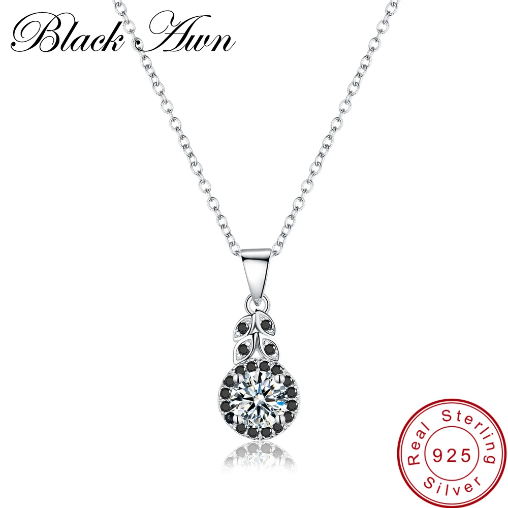 

[BLACK AWN] Row Black&White Stone Genuine 100% 925 Sterling Silver Jewelry Engagement Necklaces Pendants for Women P146
