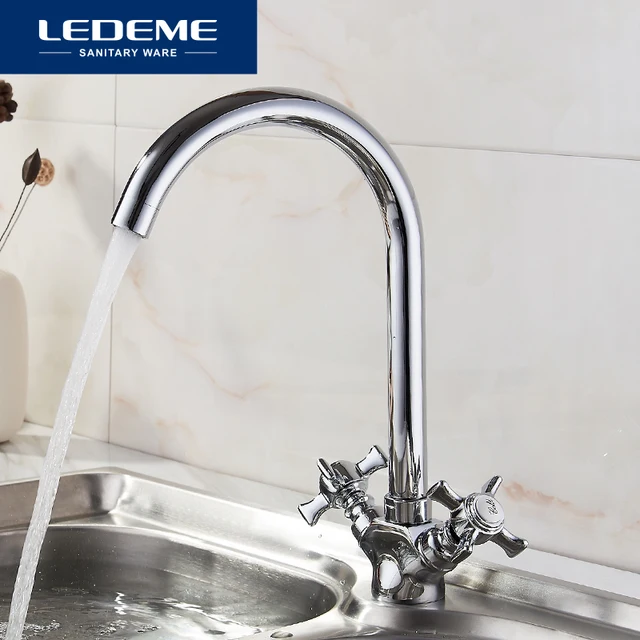 Best Offers LEDEME Kitchen Faucet Dual Handle Polished Rotating 2 Holes Home Taps Brass Thermostatic Mixer Mounted Basin Faucets L4311A-2