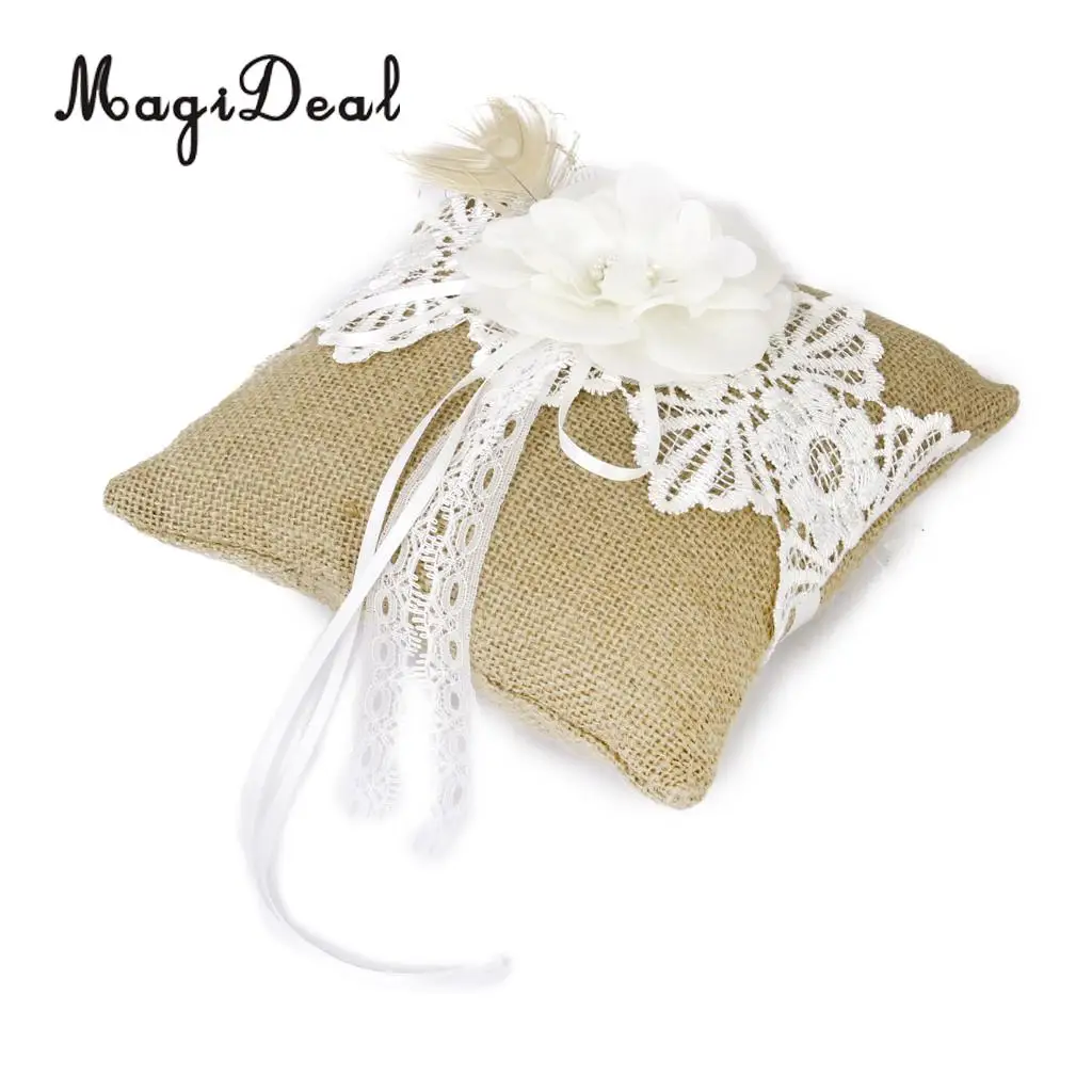 MagiDeal 20cmx20cm Vintage Burlap Bow Rustic Wedding Party Pocket Ring Pillow Lace Trim Wedding Decoration Supplies