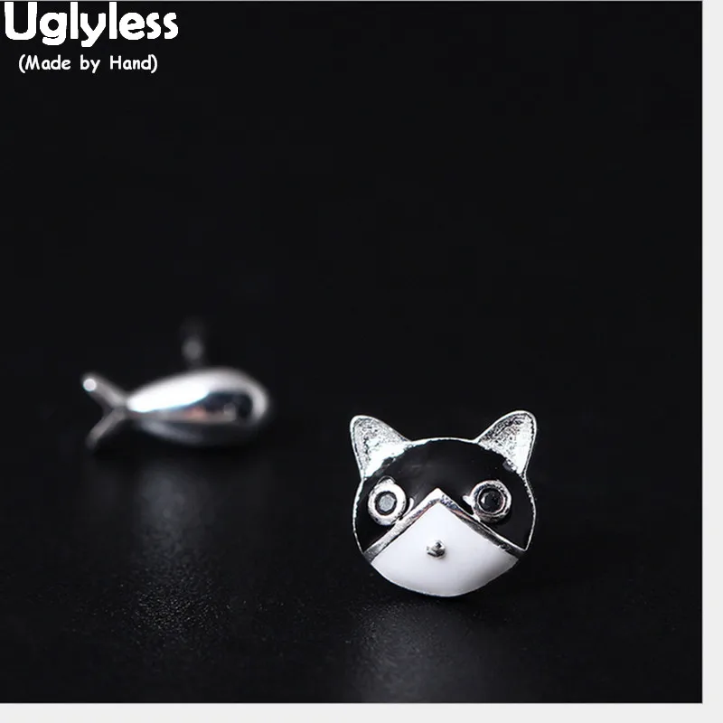 

Uglyless 100% Real 925 Sterling Silver Cat Eatting Fish Studs for Women Lovely Asymmetrical Cat Earrings Enamel Brincos Bijoux