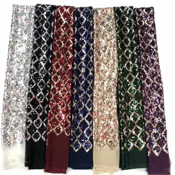 

(5yards/lot ) 2019 New High quality emerald green gold African tulle lace French net lace fabric with Sequins for party dress