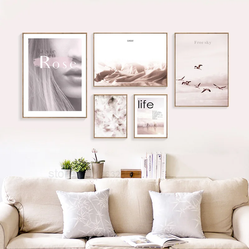 

Pink Feather Nordic Poster Wall Art Canvas Painting Life Wall Pictures For Living Room Picture Travel Posters Cuadros Unframed