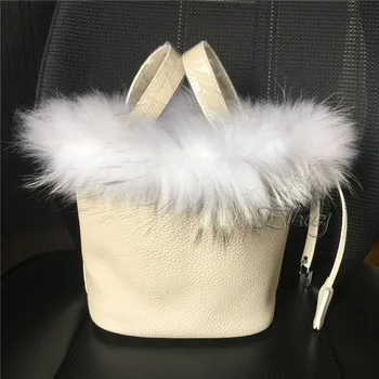 

Ellacey Women Luxury Bucket Bags Real Fox Fur Genuine Leather Handbags Fur Women Bag Lady Basket Leather Christmas Tote Bag