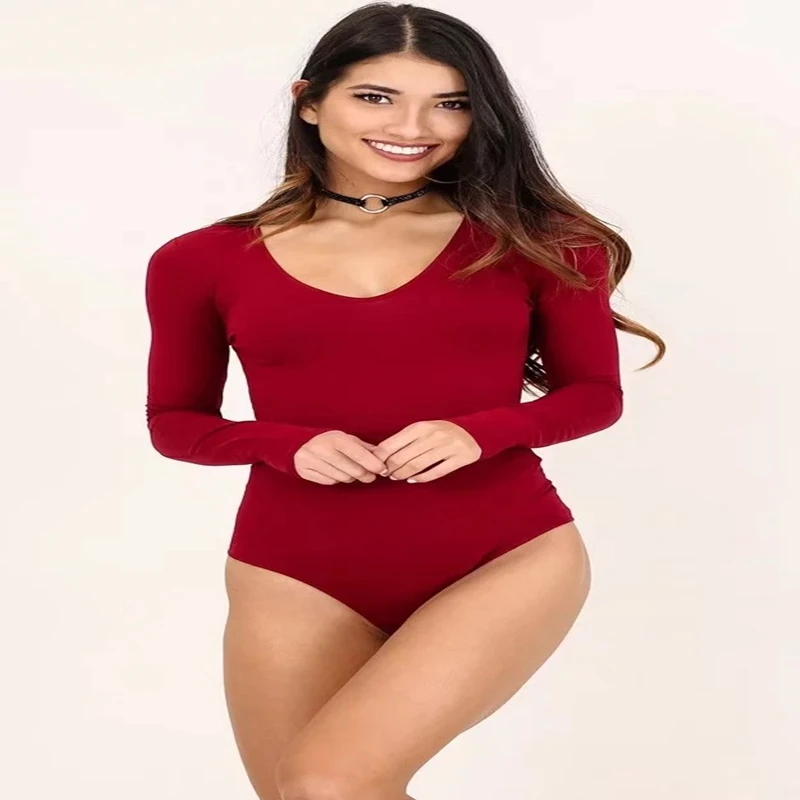 Sexy Plunge V neck Bodysuit Women Bodycon Jumpsuit Romper Long Sleeve