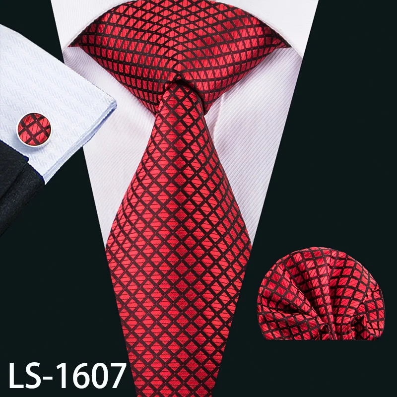 LS-704, мужской галстук, шелк, красный, в клетку, жаккардовый, тканый, свадебный галстук, Barry.Wang, Hanky, запонки, набор, галстук для мужчин, деловые, вечерние - Цвет: LS-1607