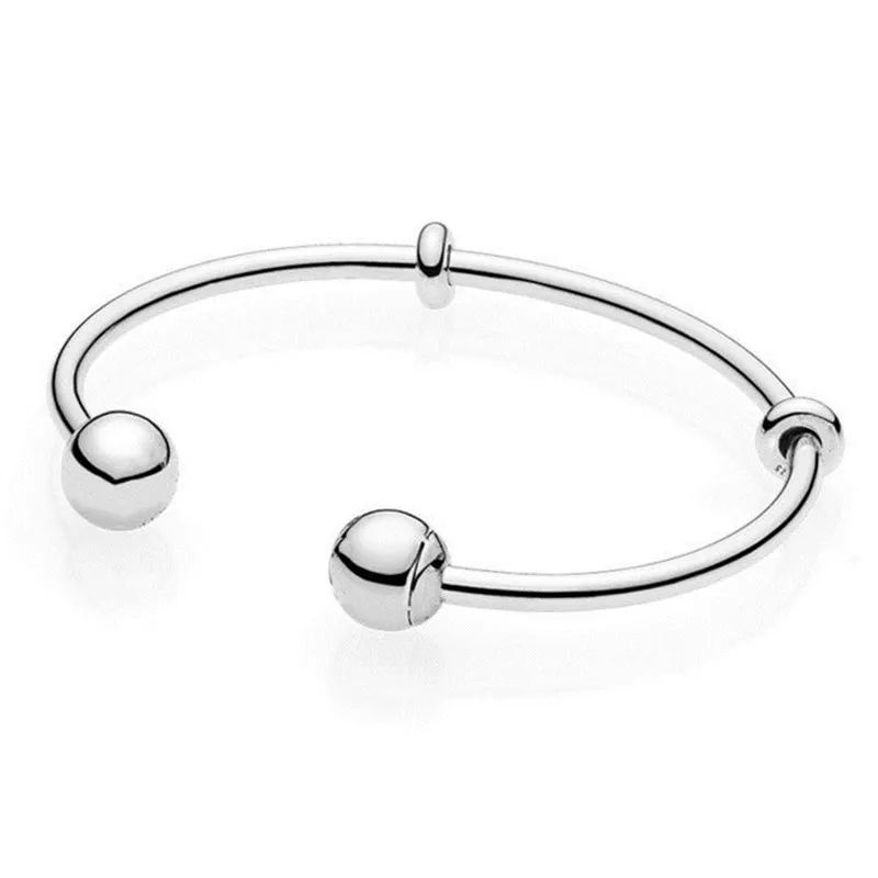 

New 925 Sterling Silver Bead Charm Bracelet Fit Original Moments Silver Open Bangle with Pandora Logo Caps for Women DIY Jewelry