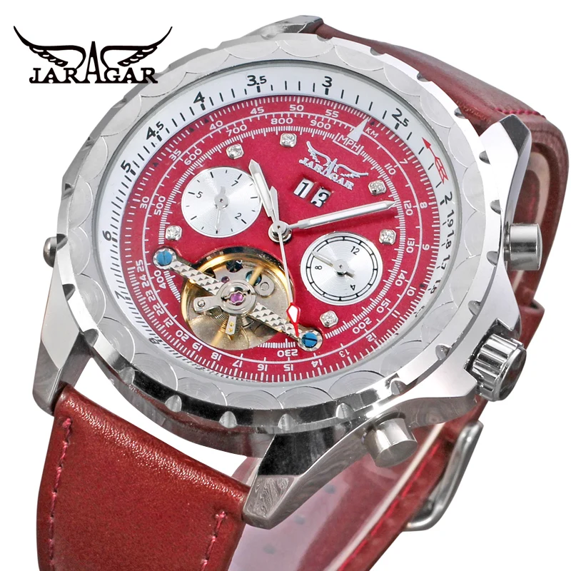 

JARAGAR Men's Unique Brand Automatic Self-winding Analogue Display Calendar Leather Strap Crystal Wristwatches JAG070M3S4