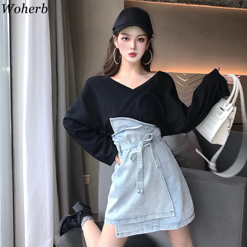 Woherb летний комплект из двух предметов, женская одежда, футболка с длинным рукавом+ джинсовые юбки с высокой талией, корейский модный костюм, Ensemble Femme 21654