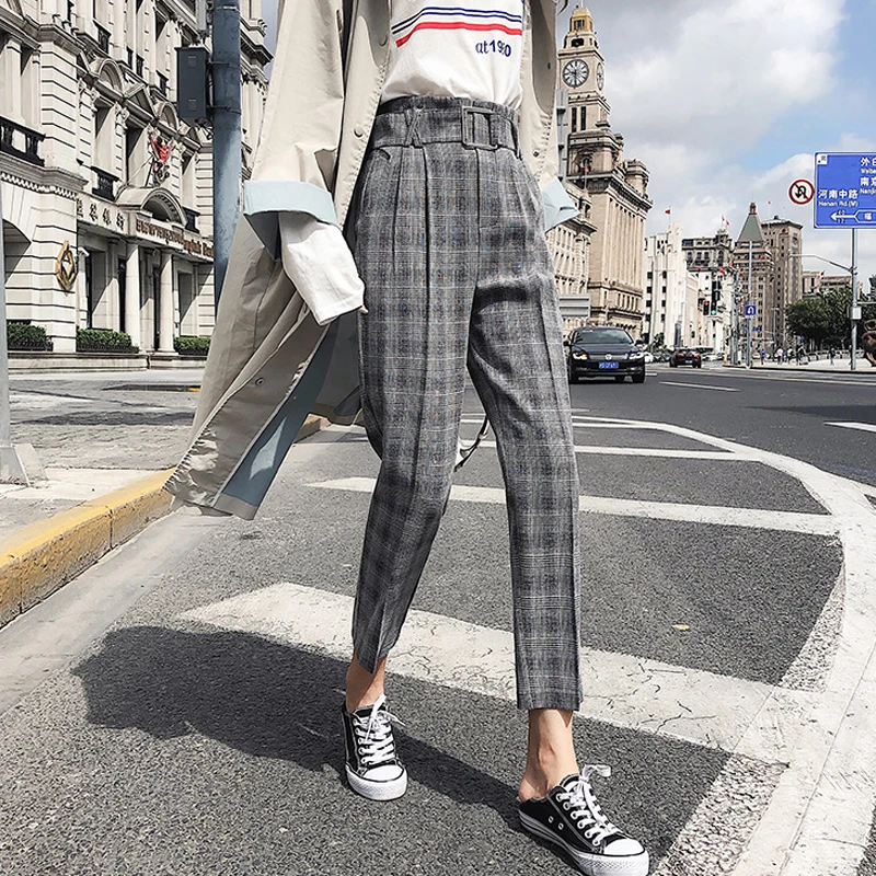 Billig BGTEEVER Vintage Plaid Hosen für Frauen Schärpen Bleistift Hose Hohe Taille Retro Arbeit Hosen Weibliche Casual Bottoms 2018 hohe qualität