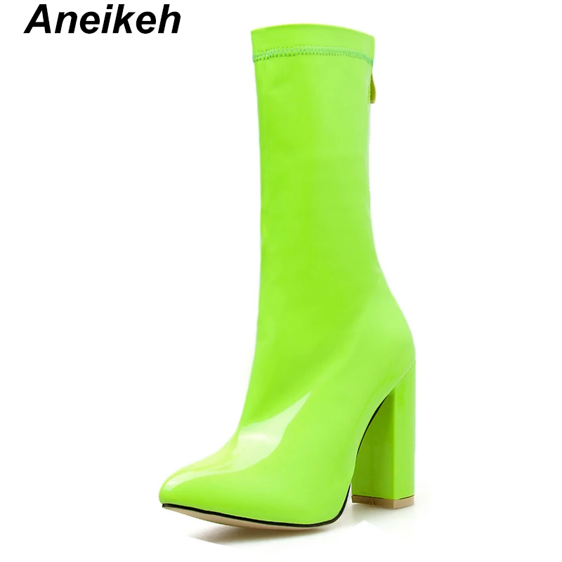 Aneikeh/ г. Новинка, летние сапоги до середины икры из PU искусственной кожи женские ботинки на молнии с острым носком Прозрачные, вечерние, розовые, зеленые, низкие, 35-40