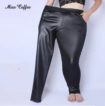 

2018 Autumn Women Fashion Solid Black PU Contrast Pants Slim High Waist Elastic Leather Pencil Pants True pocket pants