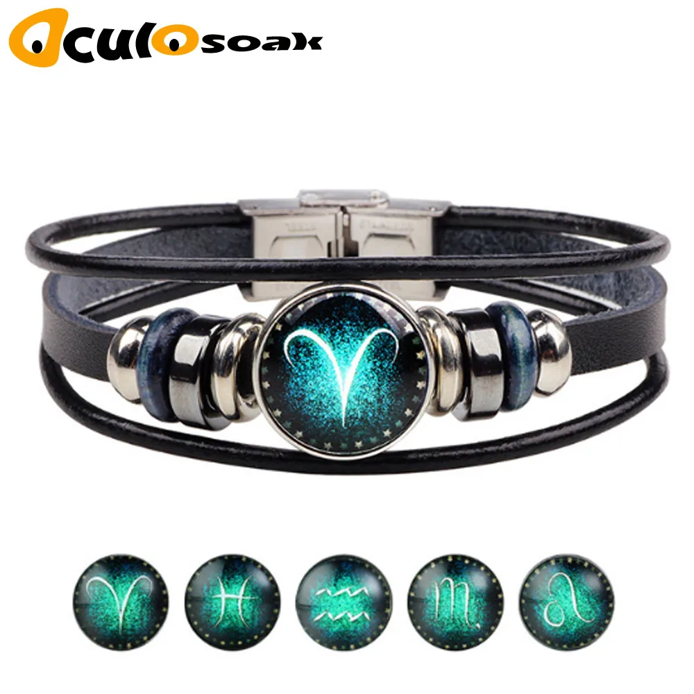 

NEW DIY 12 Constellations Leather Zodiac charm Bracelet Jewellery Male Women Braid Rope Cortex punk Bracelet Jewelry DropShiping