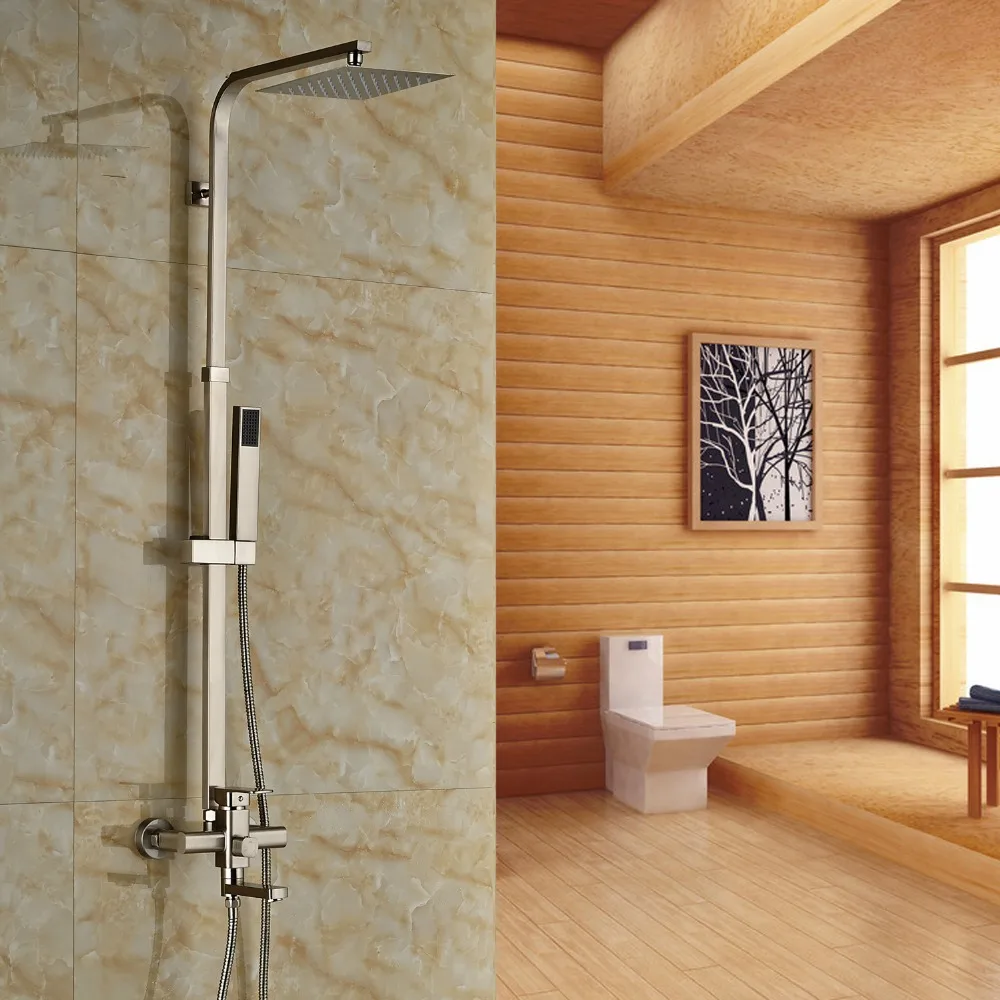 

Brushed Nickel Finished Wall Mounted Bathtub Faucet 8" Rain Shower With Hand Sprayer