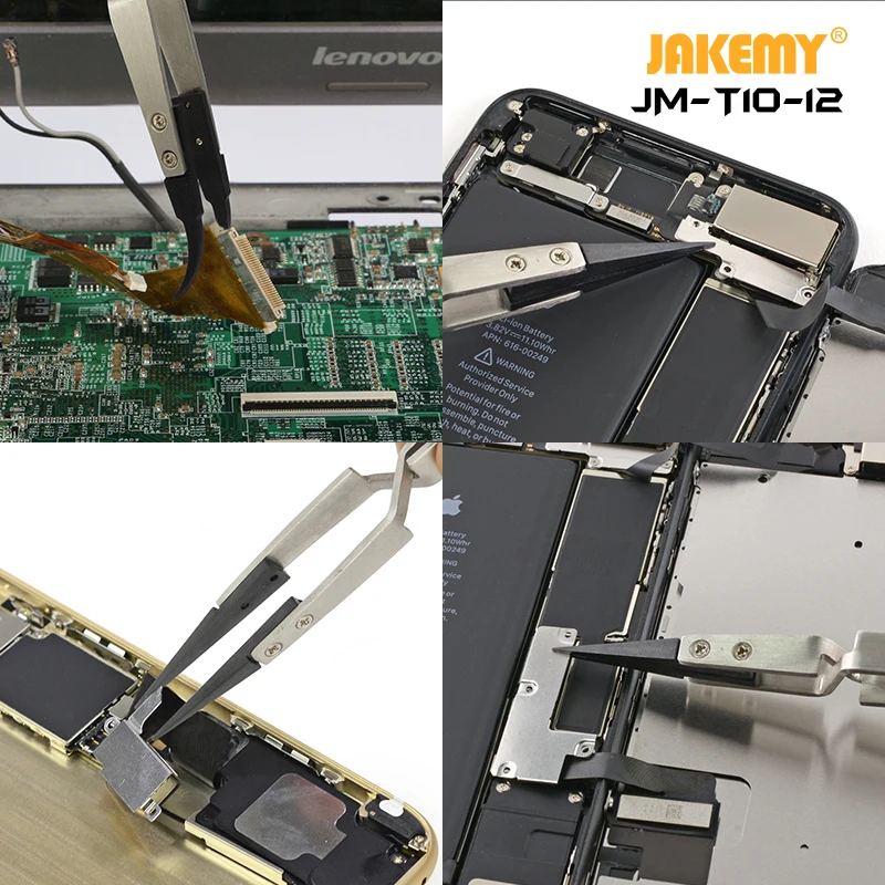 Jakemy JM-T10-12 Stainless Steel Precision Anti-static ESD Tweezers with Curved & Straight Plastic Tip for Phone Repair BGA Work