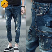 Мода Стиль Узкие Джинсы Мужчины Проблемные Denim Студентов Усы Эффект Нога Манжетой Подростки Отверстие Разорвал Брюки Карандаш 28-34