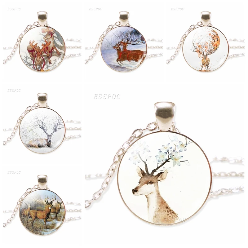 Handcrafted Elk Necklace Time Lovely Sika Deer Chain Pendant Glass Dome Cabochon Fashion Jewelry Gift for Girl | Украшения и