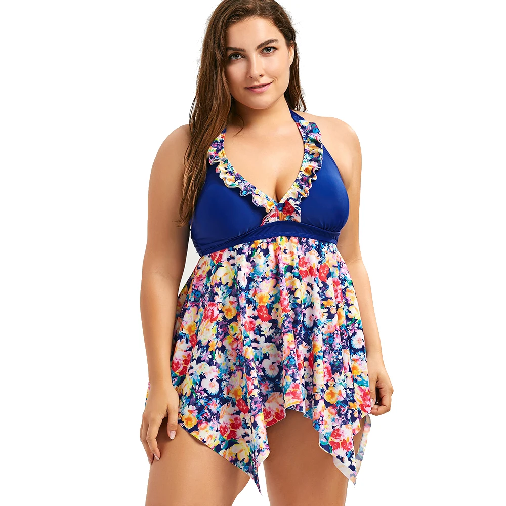 

Women Two Pieces Swimsuits Floral Print Sexy Halter Swimwear Tankini with Short Swim Dress Padded Push Up Bathing Suit