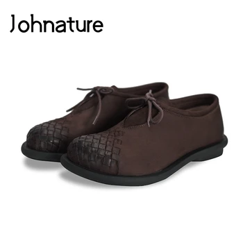 

Johnature 2020 New Spring/Autumn Genuine Leather Casual Round Toe Solid Lace-up Brogue Cross-tied Platform Women Shoes