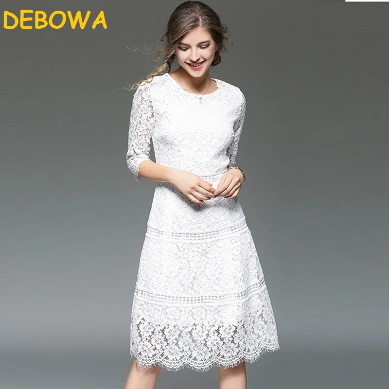 

Debowa 2018 New Fashion Spring Dress Women Black White Slim Lace Dress All Match Grace Office Lady Dress Female