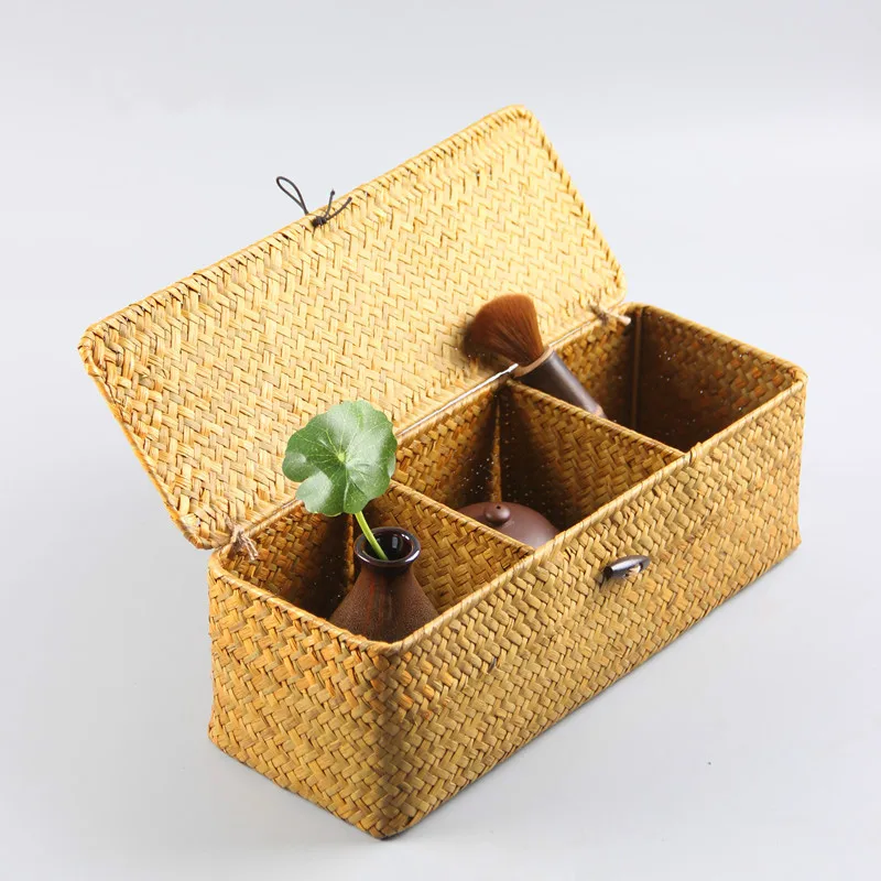 

tea set storage box handmade straw weaving content three divisions of the lid basket Vintage jewelry basket all natural no paint