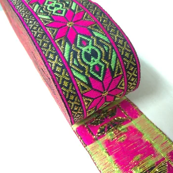 

4cm 40mm 1-5/8' Hot Pink Green Golden Filigree Ribbon Geometric Octagon Flower Costume Border Laciness National Jacquard Webbing