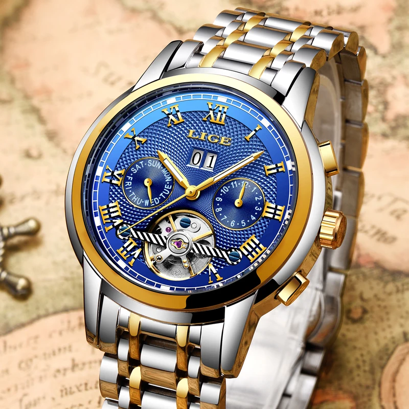 

2019 LIGE men's watch brand luxury automatic mechanical watch men's all steel business waterproof sports watch Relogio Masculino