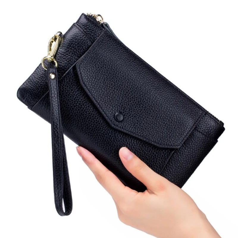 

100% Genuine leather women wallet purse long zipper clutch bags fashion Solid color large capacity multi-function card package