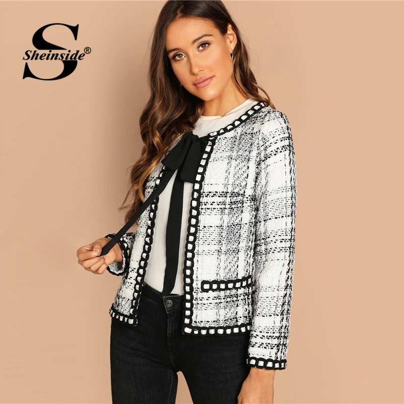 Best  Sheinside Tie Neck Whipstitch Detail Tweed Coat Women Autumn Jacket Black and White Elegant Outerwe