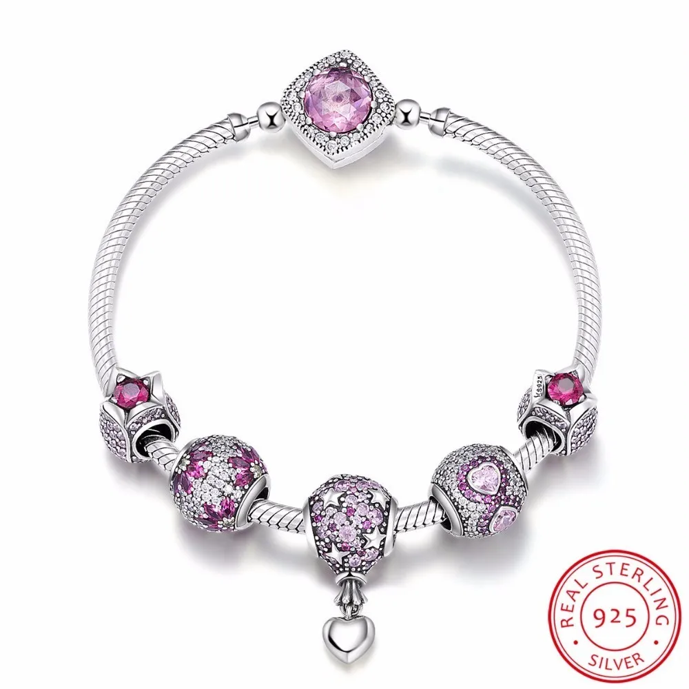 

Authentic 925 Sterling Silver Pink CZ Infinity Flower Hot Air Balloon Bracelets & Bangles for Women Silver Jewelry SCB803