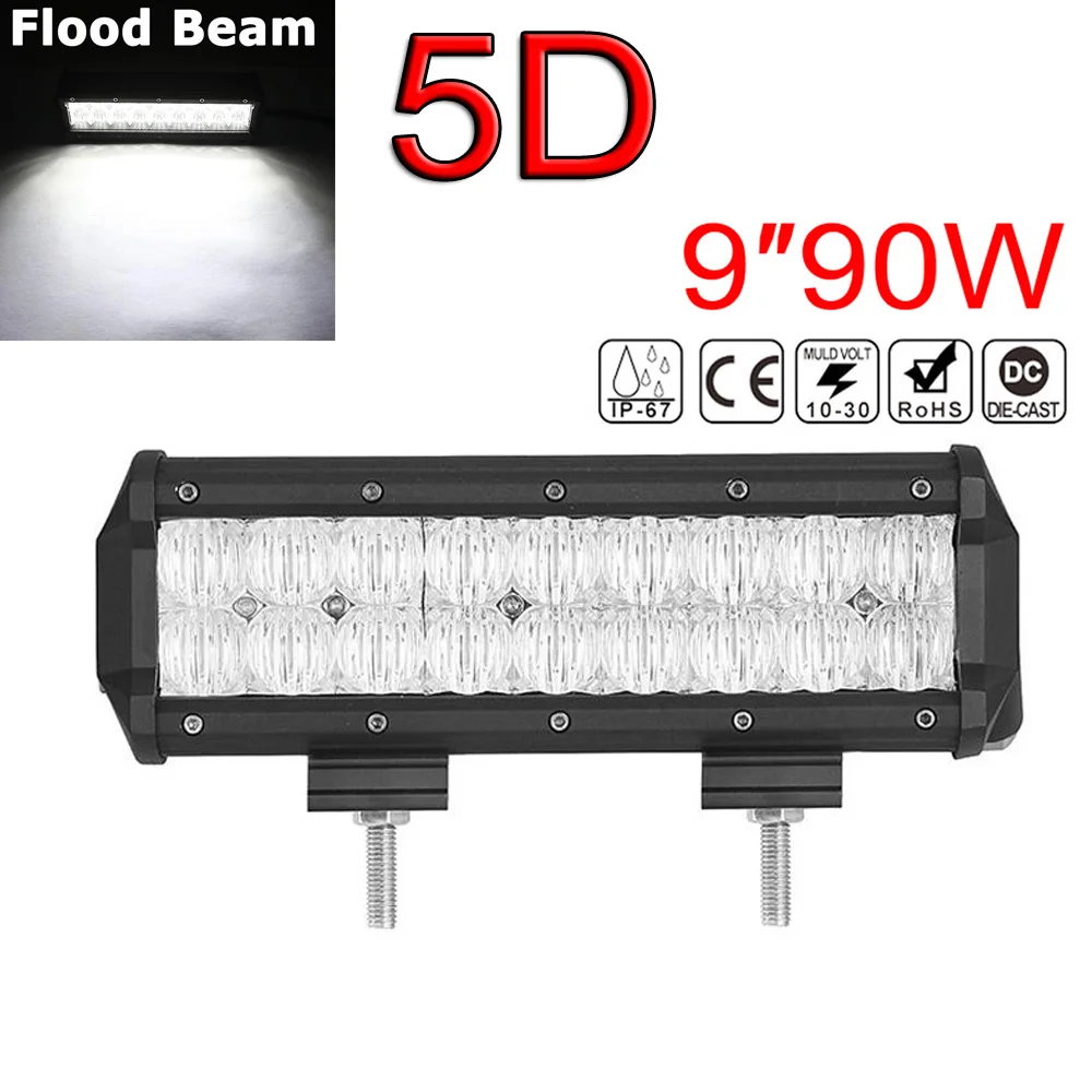 9 Inch 90W Waterproof IP 68 9000LM 5D Lens LED Light Bar Flood