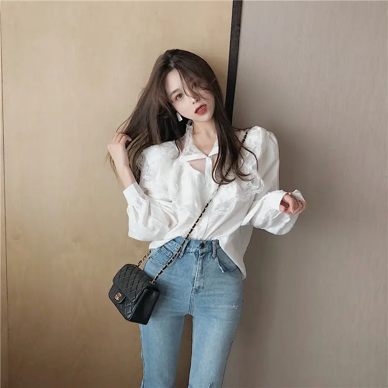 Hzirip Fresh Lace Ruffles O-Neck All-Match Free Single Breasted New Fashion Casual Long Sleeves Loose Shirts 2 Colors