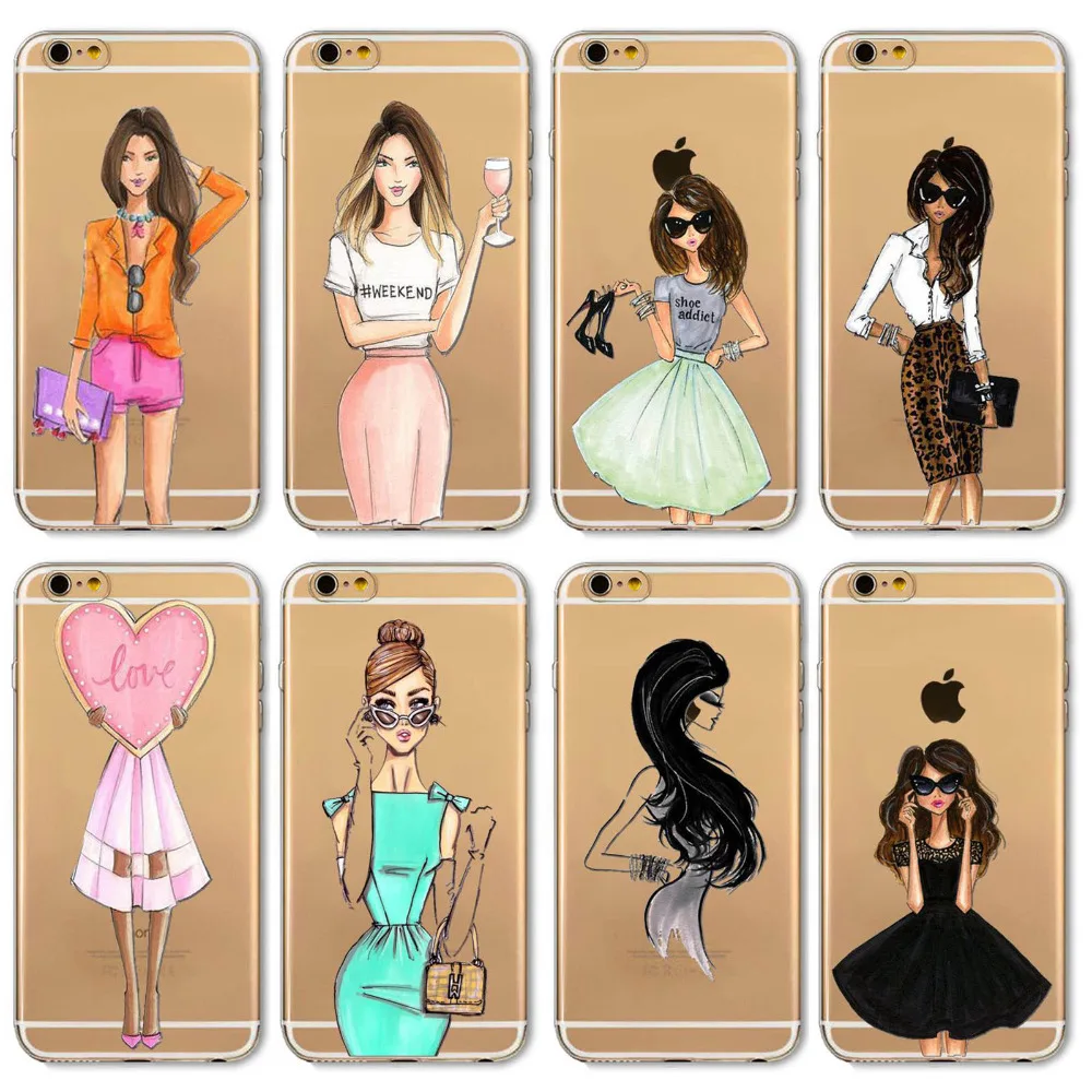 Mobile Phone Bag Case For iPhone 7 6 6s 4.7inch Case Fashion Cartoon Modern Dress Shopping Girl Transparent Soft TPU Cover