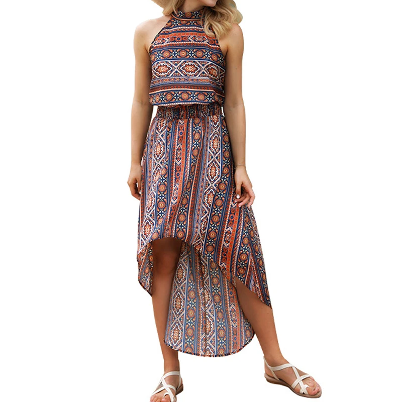 2018 Для женщин Boho новые летние без рукавов сексуальные спинки Холтер нерегулярные