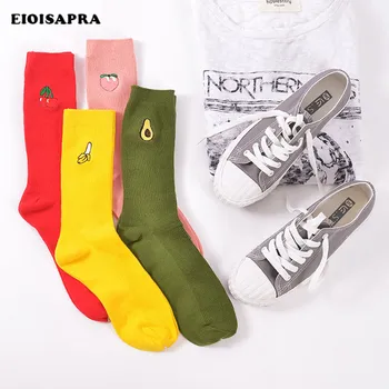 

[EIOISAPRA]Cute Embroidery Avocado Banana Cherry Peach Cartoon Fruit Print Girls Kawaii Socks Korean Harajuku Pile Funny Socks