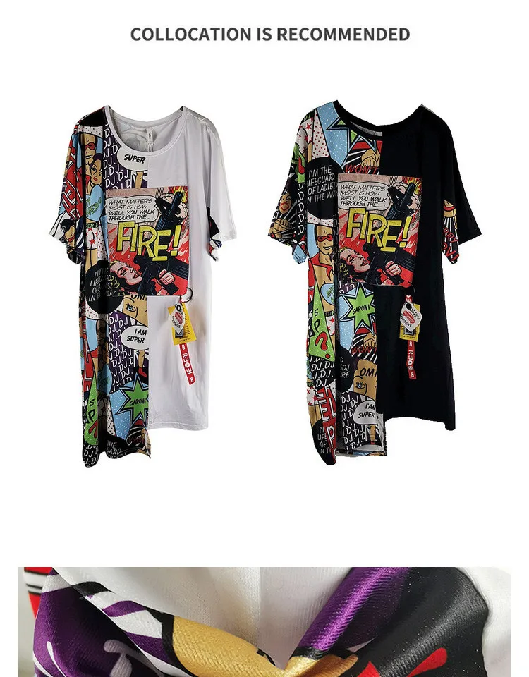 Летняя футболка Harakuju с мультяшным принтом, Женская Асимметричная уличная футболка, Женская Студенческая одежда, топы в стиле панк