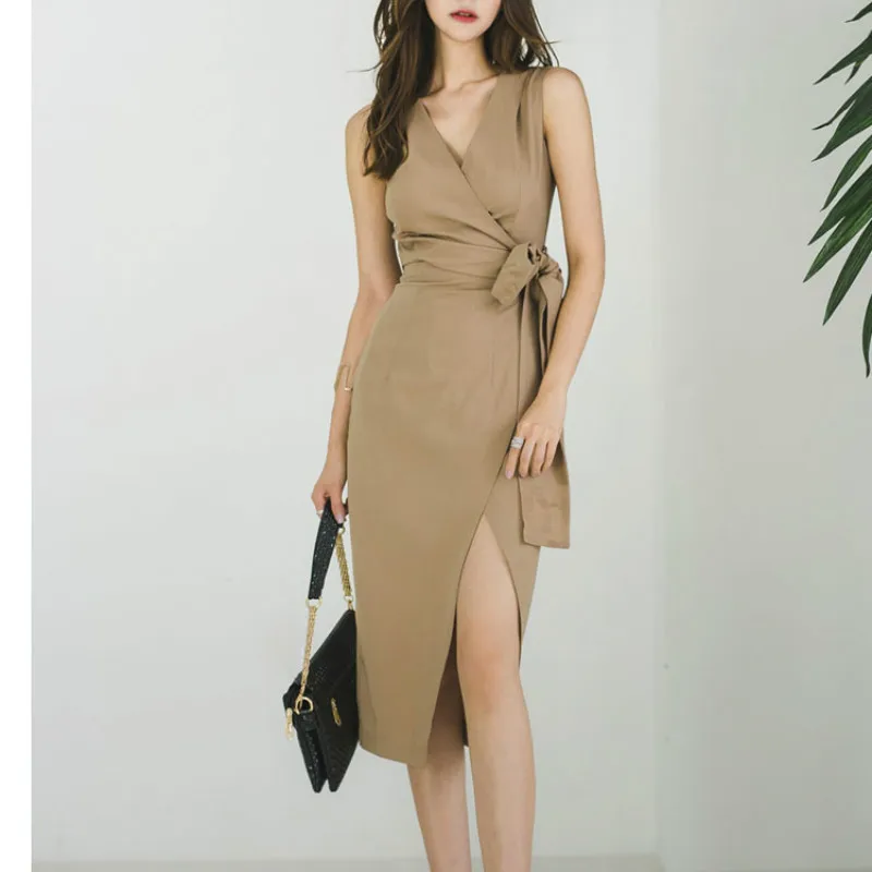 

2019 Summer Women Sleeveless Khaki Dresses Lady Office Lace Up Waist Wrap Dress Women Sexy Sleeveless OL Camel Dress