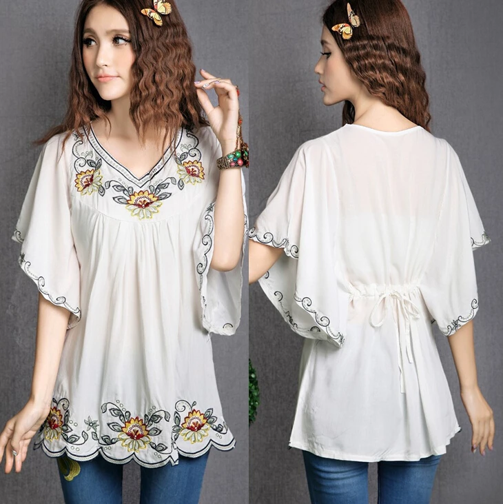 

2019 Hot Sale vintage 70s Mexican Ethnic Floral EMBROIDERED Hippie Blouses Women Clothing Summer Tops Tunic blusa Feminina