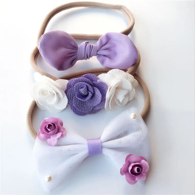 

sale 3pc baby girl boy spandex nylon rabbit ear headband children skinny stretchy Non-Marking Flower Bowknot elastic hair Band