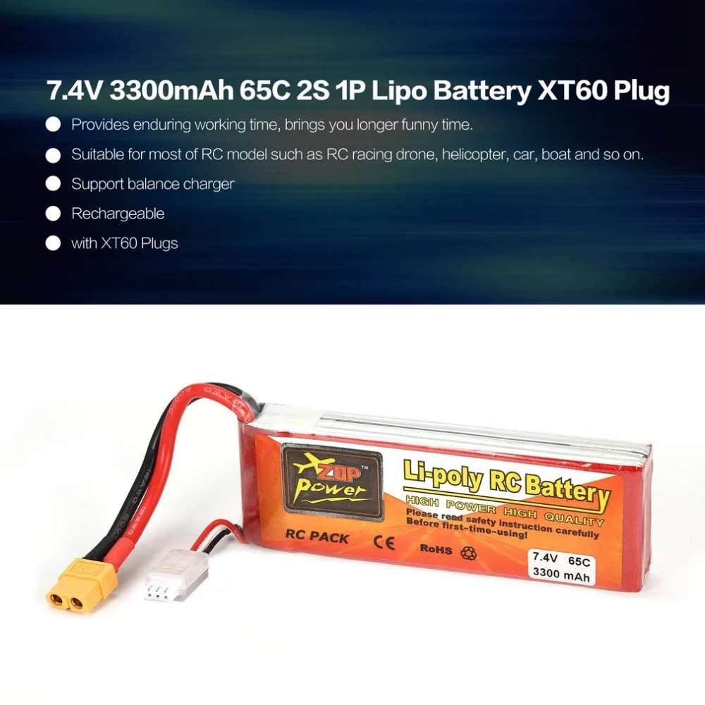 

ZOP Power 7.4V 3300mAh 65C 2S 1P Lipo Battery XT60 Plug Rechargeable for RC Racing Drone Quadcopter Helicopter Car Boat Model
