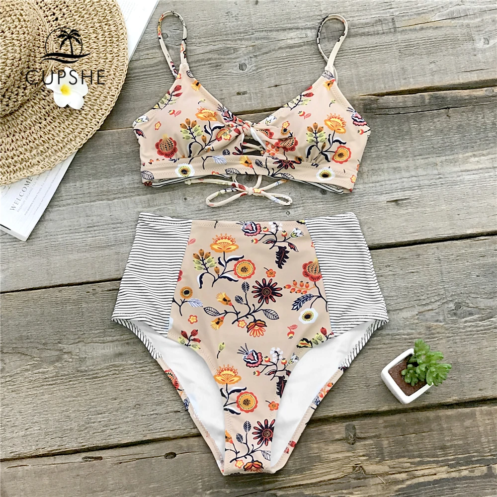CUPSHE Floral Print Bikini Set Women High Waist Adjustable Straps Two