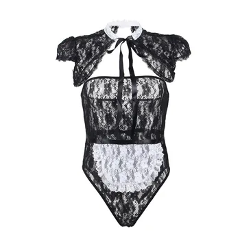 

Lace Body Erotic Strapless Teddy Lingerie Transparent Black Women Sexy Bodysuit Erotic Teddy + Hair hoop Maid Sexy Wears R80596