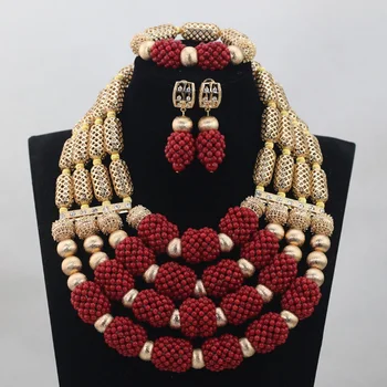 

Honorable African Wedding Gold Mix Wine Red/White 4 layers Coral Bead Jewelry Set Necklace African Accessory Free Shipping CJ786