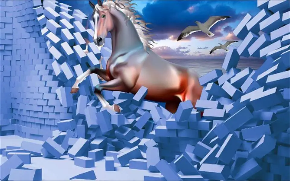 Пользовательские фото 3d обои для комнаты росписи 3D Золотая лошадь кирпичная