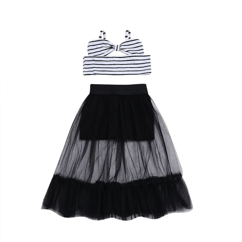 

2018 new fashion girls set bow striped camisole + mesh skirt two-piece suit