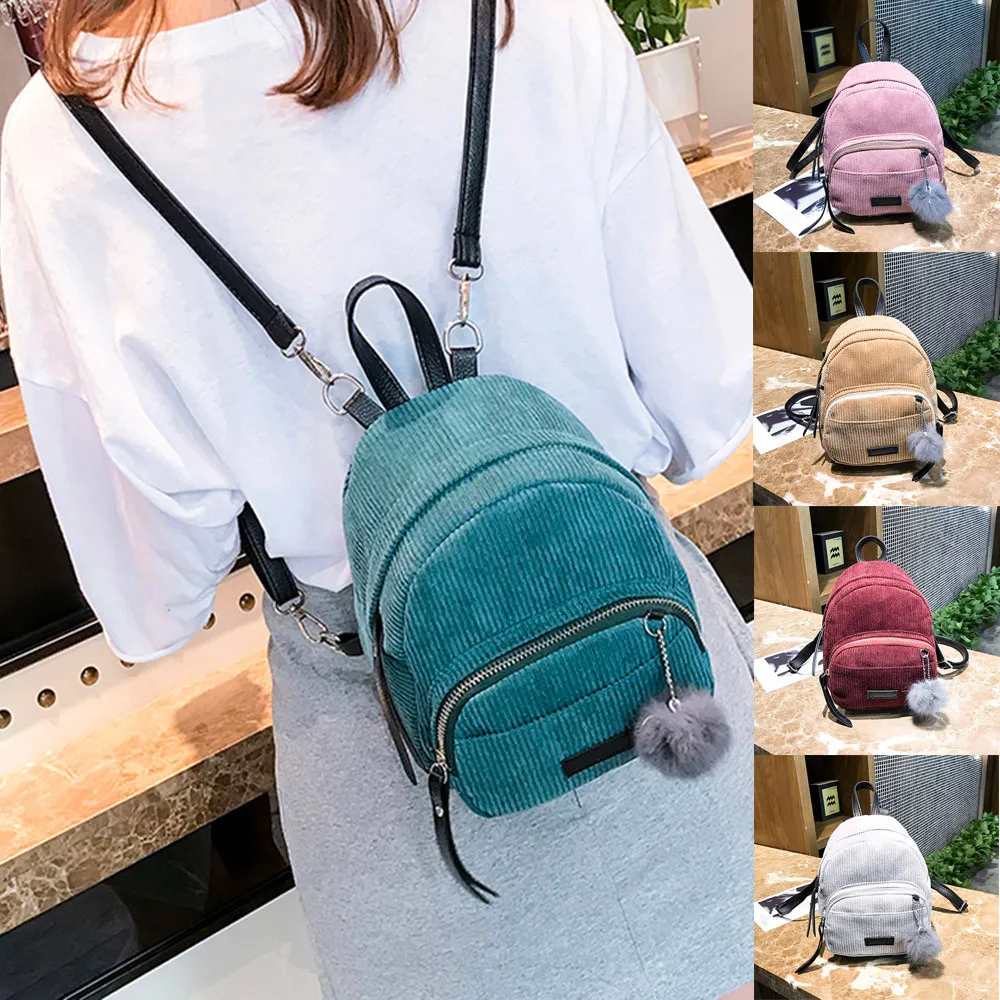 Милая модная Вельветовая школьная сумка на молнии с помпонами для девочек, квадратный студенческий рюкзак, дорожная сумка на плечо