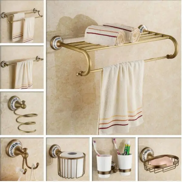 New Luxury Copper bathroom accessories antique towel bar glass shelf toilet brush holder robe hook wall mount bath hardware set