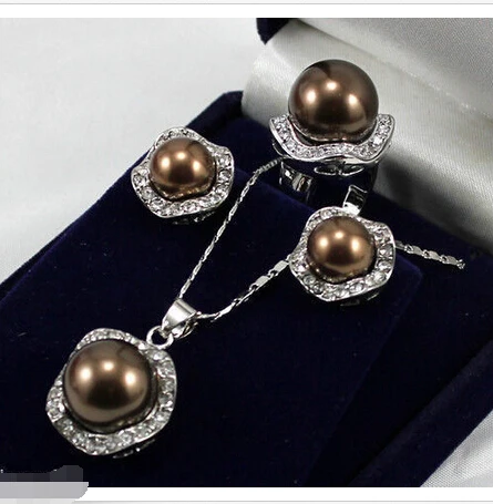 

NEW CLEAR CRYSTAL 18KWGP SHELL PEARL EARRINGS RING NECKLACE WEDDING PEARL SET^^^@^Noble style Natural Fine jewe FREE SHIPPING