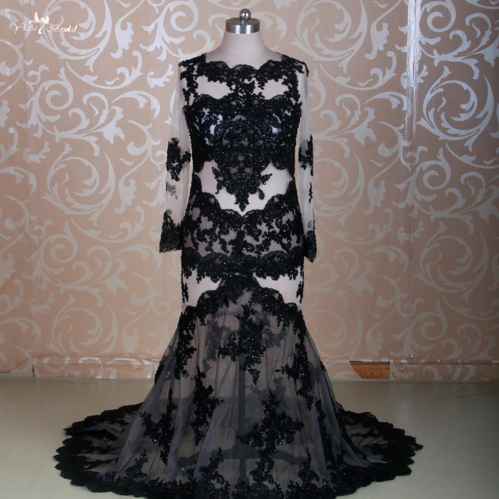 US $7.7 RSW1379 Libanon Sexy Langarm Abendkleid Durchsichtig Spitze  Schwarz Real Foto Yiai Brautlong sleeve eveningblack mermaid dresslong  sleeve