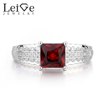 

Leige Jewelry Real Natural Red Garnet Ring Wedding Ring January Birthstone Ring Princess Cut Red Gemstone 925 Sterling Silver