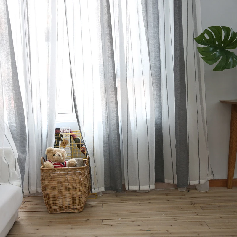 

Modern Brief All-match Flax Curtains for living room Fabric Window For Striped Coffee Tulle Decorative Curtains for Bedroom